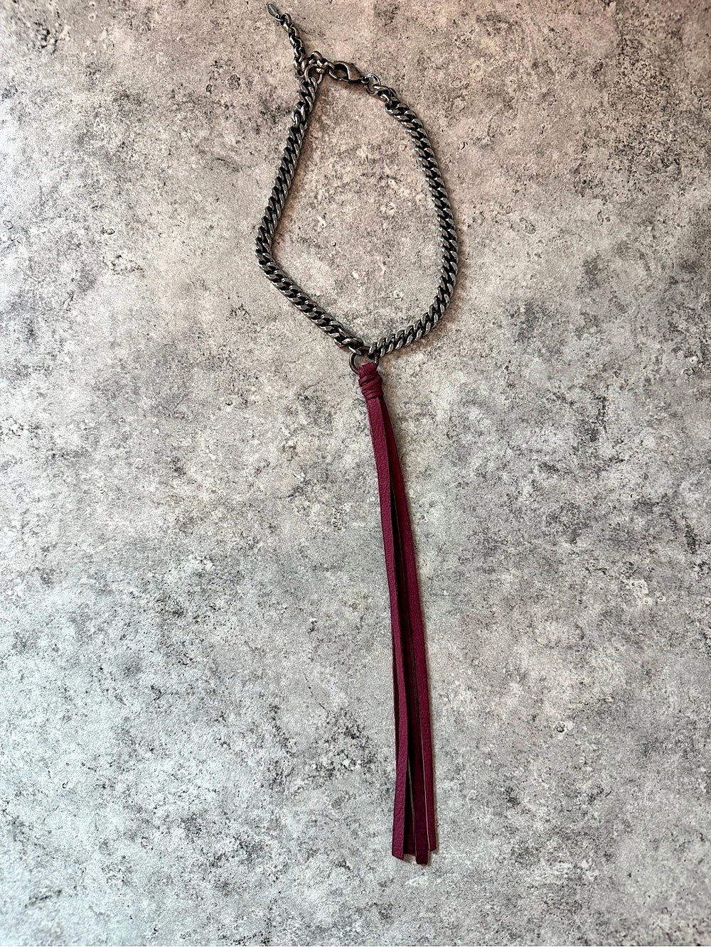 Long Tassel Chain Necklace in Burgundy & Silver by Melody Vintage Jewelry